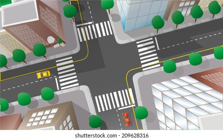 Vector illustration of city crossroad viewed from above in cartoon style.