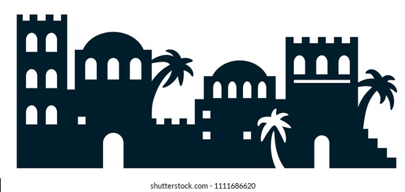 Vector illustration of city in the desert, bethlehem, biblical city. Laser cutting template. Cutout black and white art. Die cut silhouette. Picture suitable for engraving, cutting wood, metal, paper.