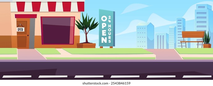 Vector illustration of a city deserted street with a shop, signboard, bench and road. Abandoned city without people. Deserted Cityscape. Flat cartoon style. Background Panorama.