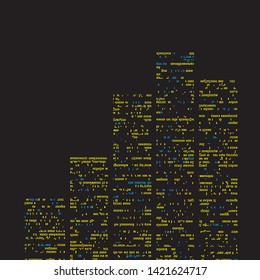 Vector illustration of city with different skyscrapers which are formed from newspaper columns. Text unreadable. Downtown landscape with high skyscrapers. City landscape template.  Night City landscap