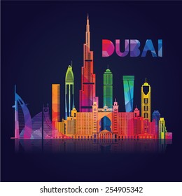 vector illustration of the city of Dubai in the United Arab Emirates, the symbols of the city skyscrapers hotels, stylish graphics