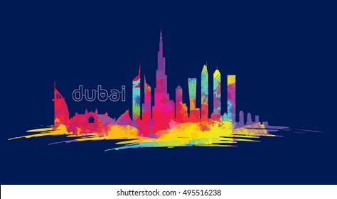 vector illustration of the city of Dubai in the United Arab Emirates, the symbols of the city skyscrapers hotels, stylish graphics. imitation of watercolor.