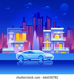 Vector illustration of the city of the future. Car in the foreground is parked in front of the houses