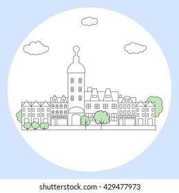 Vector illustration of a city with green trees in lineart style.Vector illustration of white and black houses with green trees.