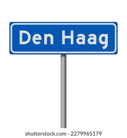 Vector illustration of the City of The Hague, Netherlands (Den Haag in Dutch) entrance blue road sign on metallic poles