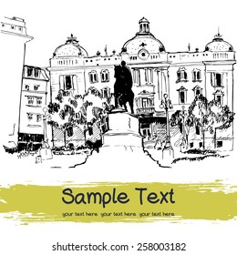 Vector illustration of the city hall and the monument in front of it drawn in a sketch style and isolated on white background. Central square in the eastern european city. Belgrade, Serbia.