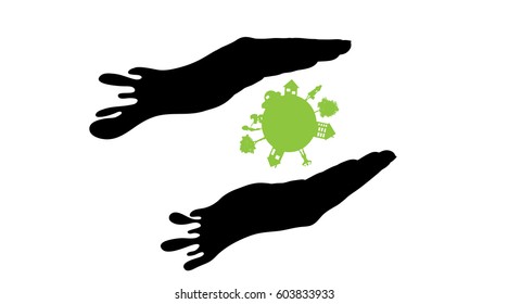 Vector illustration of the city with hand on a white background.