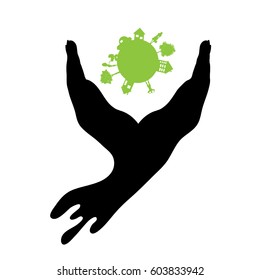 Vector illustration of the city with hand on a white background.