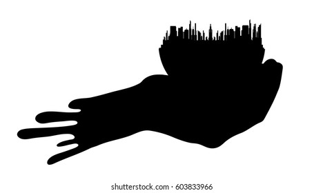 Vector illustration of the city with hand on a white background.