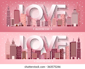 Vector illustration. City with hearts. Love. Valentines day. 14 february. Cityscape. Town.