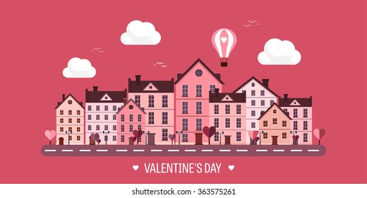Vector illustration. City with hearts. Love. Valentines day. 14 february. Cityscape. Town.