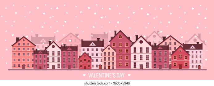 Vector illustration. City with hearts. Love. Valentines day. 14 february. Cityscape. Town.