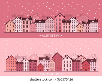 Vector illustration. City with hearts. Love. Valentines day. 14 february. Cityscape. Town.
