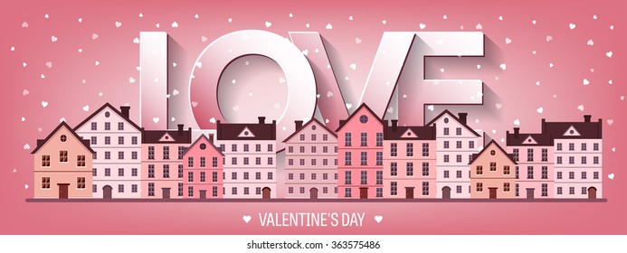 Vector illustration. City with hearts. Love. Valentines day. 14 february. Cityscape. Town.