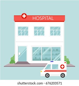 Vector illustration city hospital building and ambulance car in flat design. Hospital and healthcare icon.