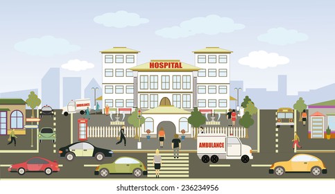 Vector illustration of a city hospital with colorful icons of cars, trees and buildings