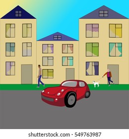 vector illustration of the city with houses cars and people