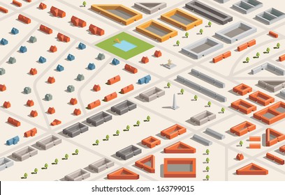 A vector illustration of a city in isometric format. Editable with objects logically layered. City features buildings, trees, church, swimming pool, etc./Isometric City