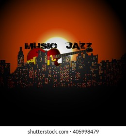 Vector illustration of City jazz guitar jazz music and the text on the background of the cityscape of sunset or sunrise with a red sun.