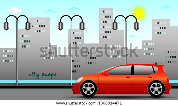 Vector illustration of city landscape\
in day light. City scape with skyscraper building background and\
car in red color. Flat style design\
illustration