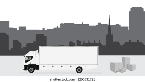 Vector illustration city landscape evening time. City skyline background. White cargo truck driving on the road. Truck with container. Delivery transport