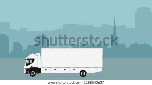 Vector illustration city landscape\
evening time. City skyline background. White cargo truck driving on\
the road. Truck with container. Delivery\
transport