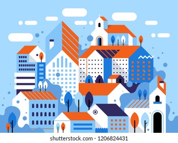 Vector illustration of city landscape. Flat geometric style. Buildings, houses, trees and abstract elements.