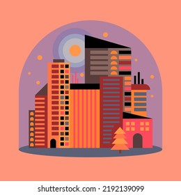 Vector illustration of a city landscape in a flat style. Composition of high-rise buildings in pastel colors. Universal poster for design and print.