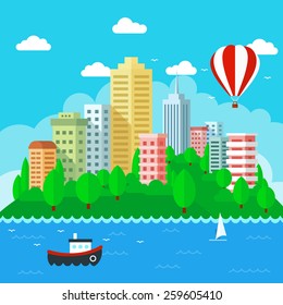 Vector Illustration of City Landscape in flat style design. Urban landscape with water and sky.