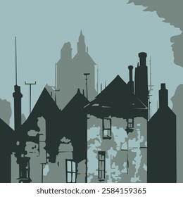 vector illustration of a city landscape in gray and white colors. Buildings against the sky, creating a sense of depth and size. illustration style medieval cityscape.