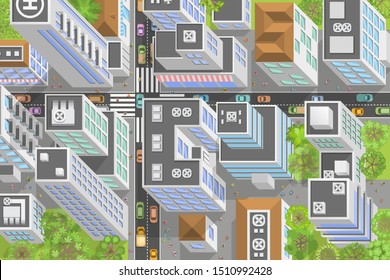 Vector illustration. City landscape. Isometric top view.
Streets, houses, buildings, roads, crossroad, trees, cars. View from above.