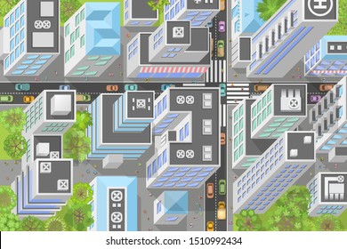 Vector illustration. City landscape. Isometric top view.
Streets, houses, buildings, roads, crossroad, trees, cars. View from above.