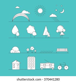 Vector illustration of a city landscape linear icons. Flat design