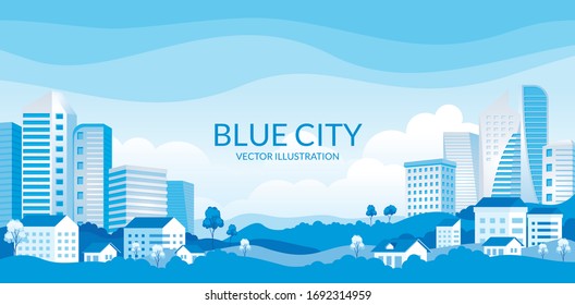 Vector illustration of City landscape with modern buildings, skyscrapers and suburb with houses, Trees, mountains and hills. simple minimal geometric flat style with blue color theme. 