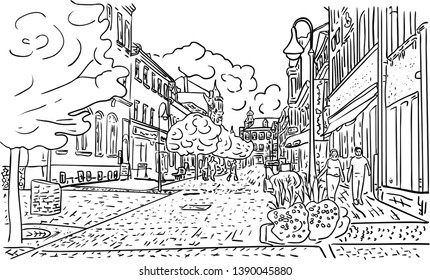 Vector illustration, city landscape with old street, trees, buildings and people in black and white colors, outline hand painted drawing