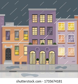 ilustración vectorial de un paisaje urbano en una noche lluviosa. lluvia en la ciudad. edificios morados con ventanas en las que se encienden las luces. todos los residentes se quedan en casa.  reflejo de la ciudad en charcos