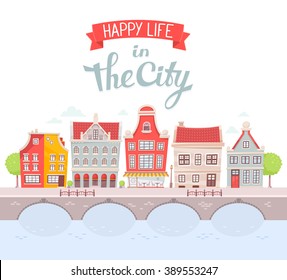 Vector illustration of city landscape on the river bank on white background. Art design for web, site, advertising, banner, poster, flyer, brochure, board, card, paper print.