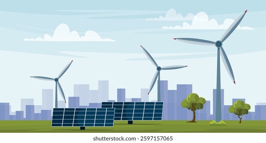 Vector illustration of a city landscape with renewable energy.Cartoon scene of renewable energy from natural sources: wind turbines, solar panels, silhouettes of houses of different sizes, trees, sky.