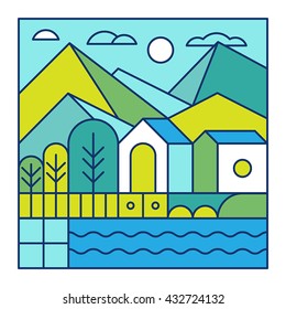 Vector illustration with city landscape in trendy linear style - abstract modern town concept with park and garden in blue and green colors