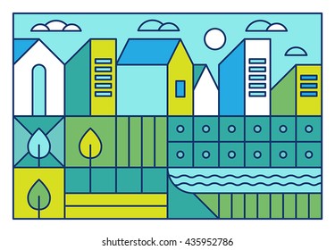 Vector illustration with city landscape in trendy linear style - abstract modern town concept with park and garden in blue and green colors