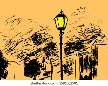 
Vector illustration of a city lantern in a handmade technique, orange-black tones, for postcards or images with "copyspace".