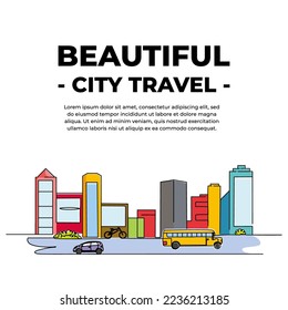 Vector illustration of city line view of vehicle traffic on the highway in front of the buildings. Downtown activity design concept. Modern flat in continuous line style.