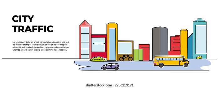 Vector illustration of city line view of vehicle traffic on the highway in front of the buildings. Downtown activity design concept. Modern flat in continuous line style.