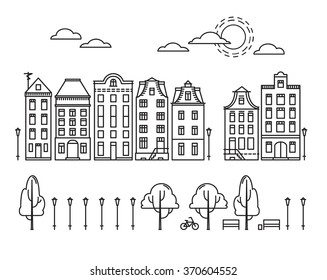 Vector illustration - City in linear style with trees, clouds, sun, bike. Amsterdam 