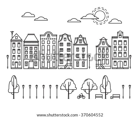 Vector illustration - City in linear style with trees, clouds, sun, bike. Amsterdam 