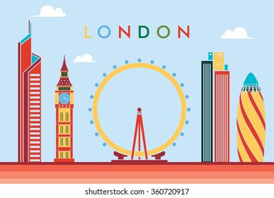 vector illustration of the city of London in the UK, the symbols of the city skyscrapers hotels, stylish graphics. Great Background