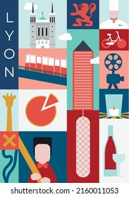 Vector illustration of the city of Lyon in France. City symbols and traditions in minimal design. Bocuse, Fourvière, Guignol, Lumières, capital of gastronomy...