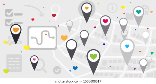 vector illustration of city map and colorful hearts for urban love and romantic Valentine Day greetings
