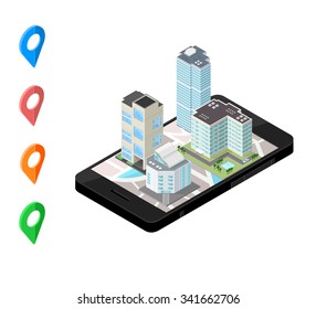 A vector illustration of city map locater. 
Icon illustration of an Isometric Map of  anUrban City
Wireless device with Navigation map app device on screen.