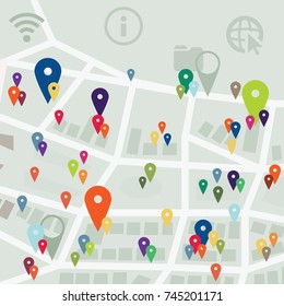 vector illustration for city map with location and activities spots pins and public places signs for urban information visualization concepts